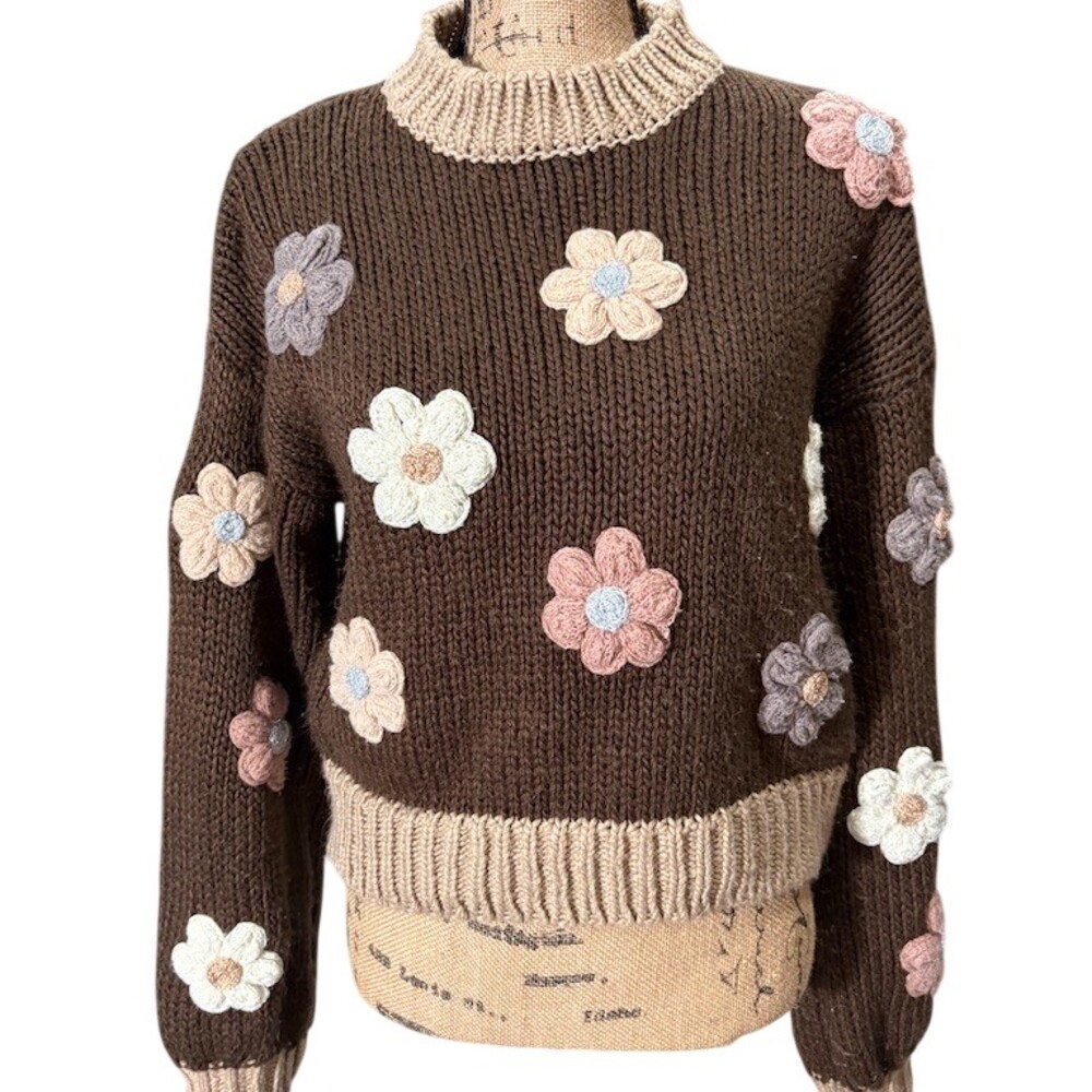 Luna Ivy Sweater Womens Size M Brown Chunky Knit Floral Applique Mock Neck